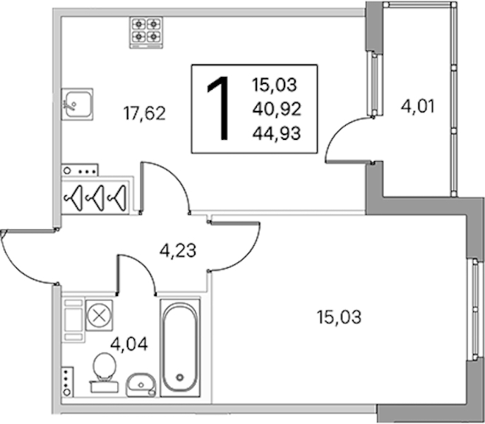 1-комнатная квартира 42.93 м², 2/4 эт., ЖК «Любоград в Стрельне»